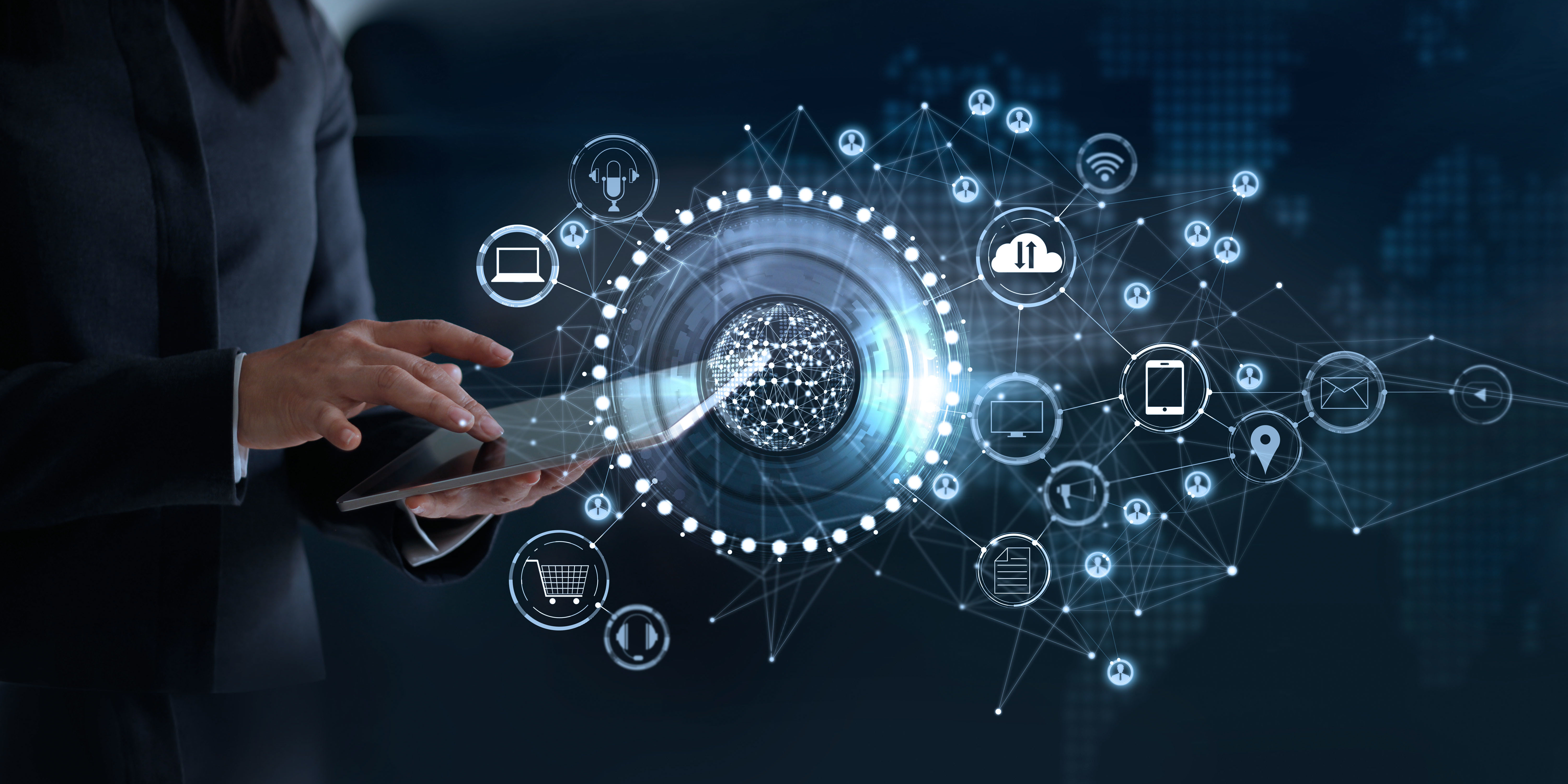 Woman touching a global network connection, Omni Channel and communications concept