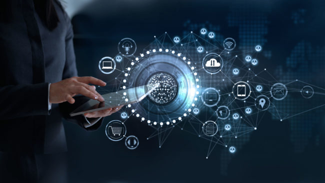 Woman touching a global network connection, Omni Channel and communications concept